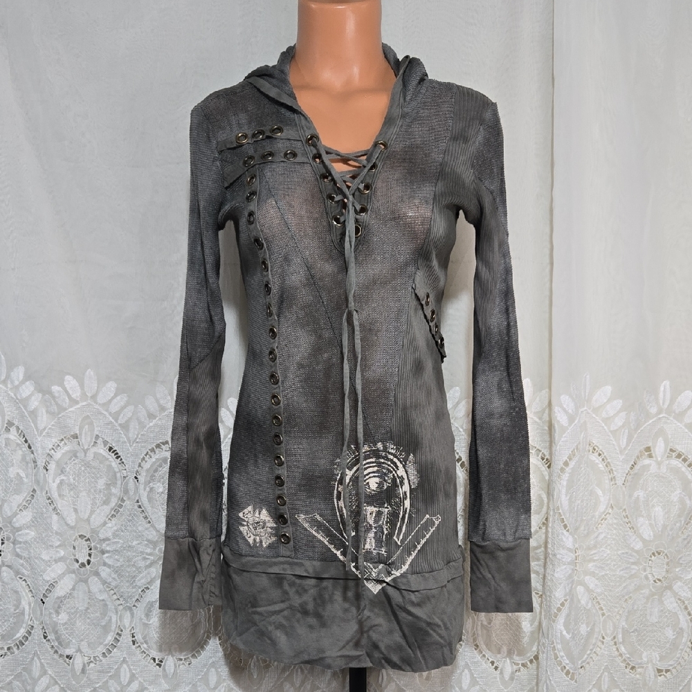 SALVAGE Vintage Gray Lace-Up Hooded Long Sleeve Top/Mini Dress. L